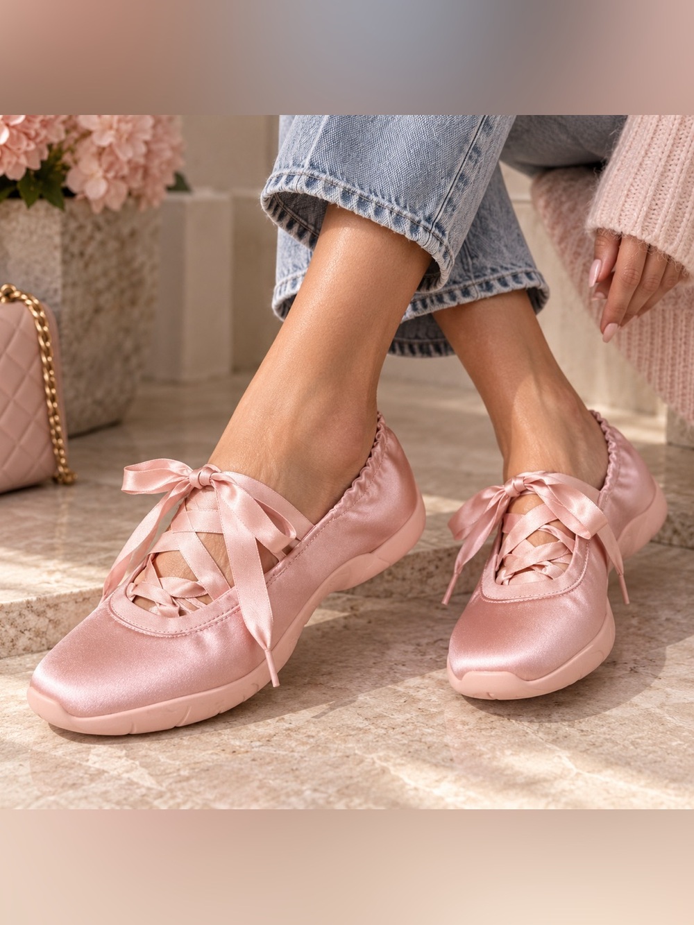 JW PEI Flavia Pink Satin Ballerina Sneakers EU 37 US 6.5 Balletcore Ribbon